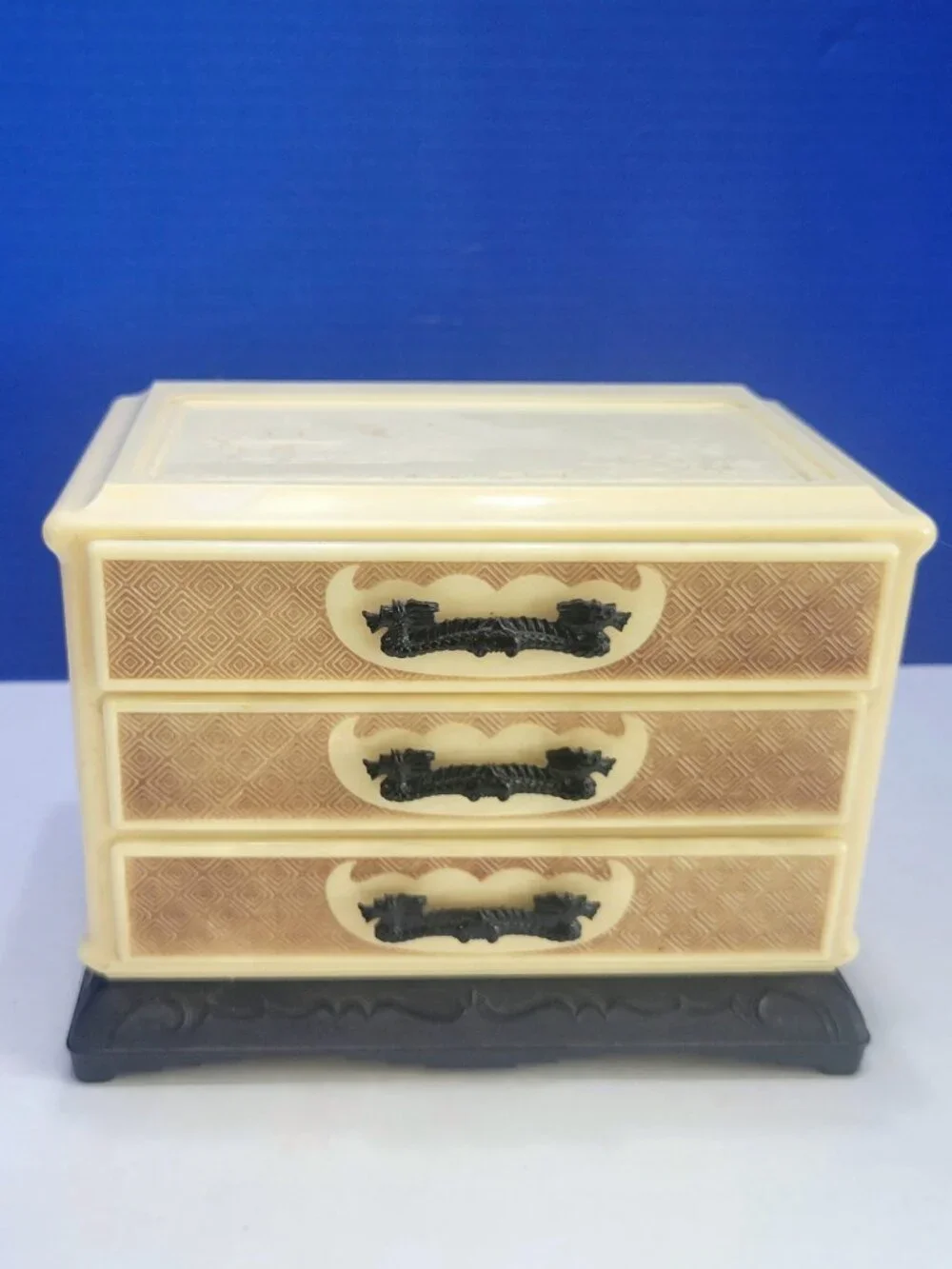 Vintage Asian Celluloid 3 Drawer Jewelry Box with Dragon Handles